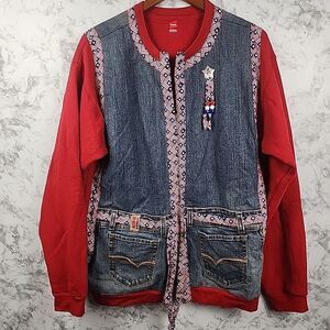 Unique Handmade Jacket Shacket‎ Sweatshirt Jean Size M /L USA Patriotic Red Blue